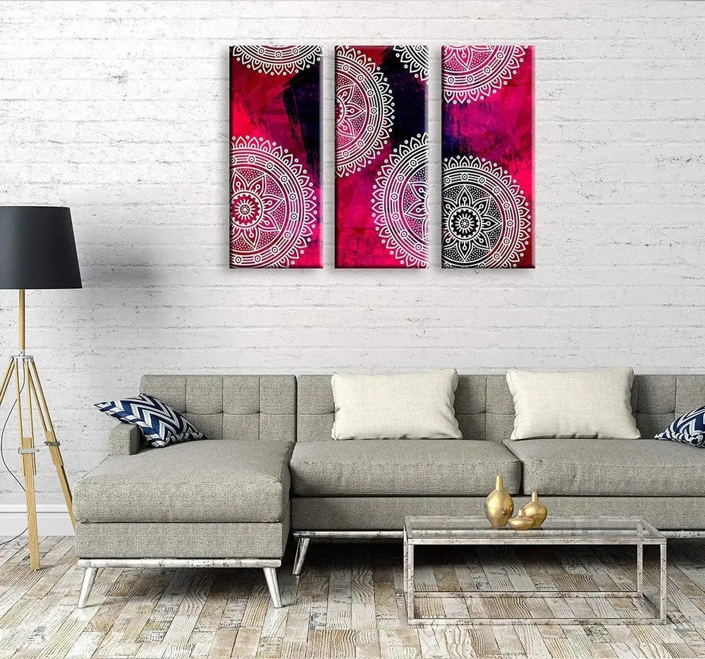 Colourful Mandala Wall Painting Stretched on Wooden Frame, Set of 3
