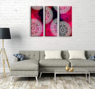 Colourful Mandala Wall Painting Stretched on Wooden Frame, Set of 3