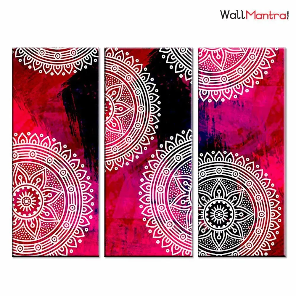 Colourful Mandala Wall Painting Stretched on Wooden Frame, Set of 3