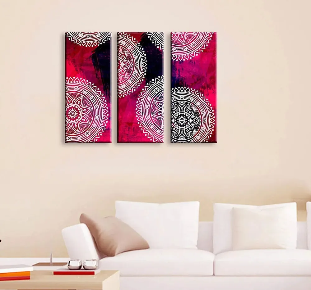 Colourful Mandala Wall Painting Stretched on Wooden Frame, Set of 3