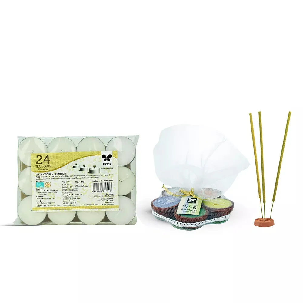 Combo Of 24 Pack of Tea Lights, Aromatic Candle & Incense Sticks