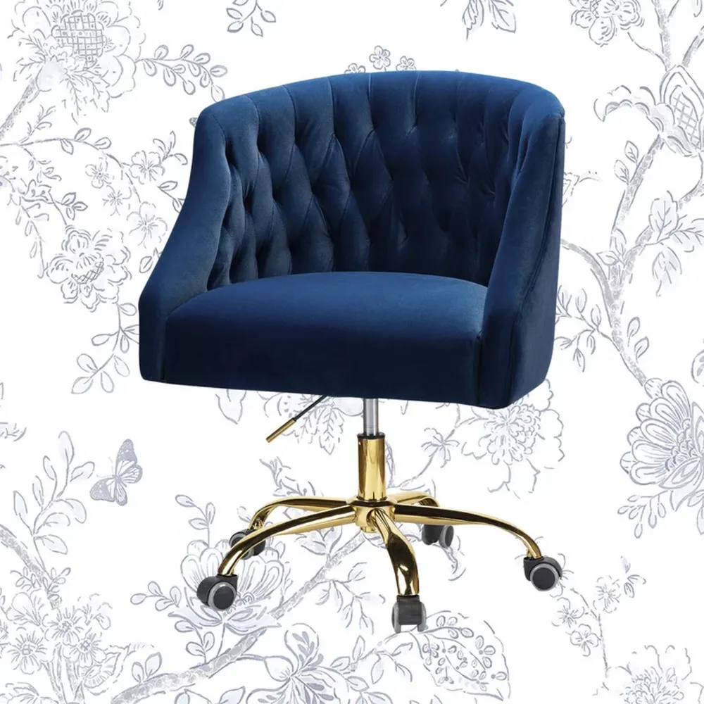 Comfort Back Tufted Blue PU Foam Armchair With Golden Base Single Piece