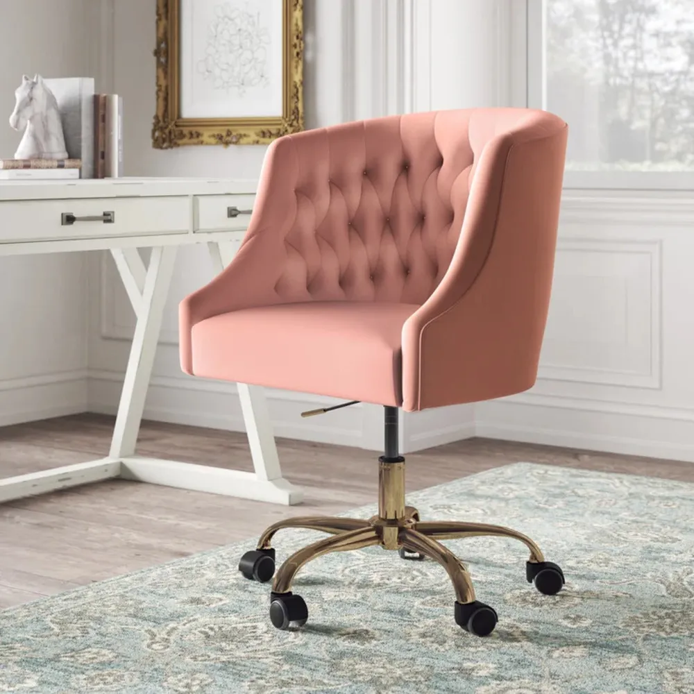 Comfort Back Tufted Pink PU Foam Armchair With Golden Base Single Piece