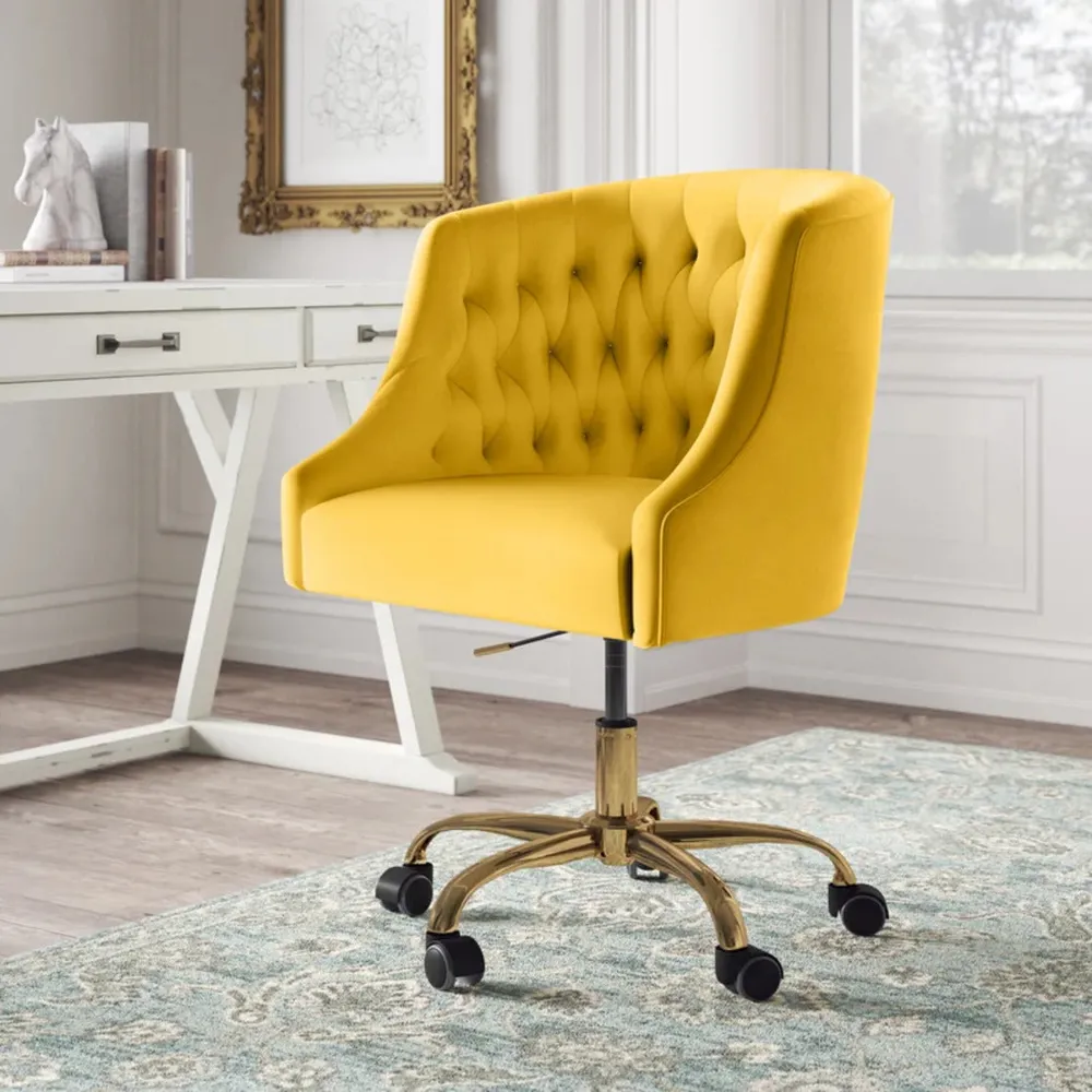 Comfort Back Tufted Yellow PU Foam Armchair With Golden Base Single Piece
