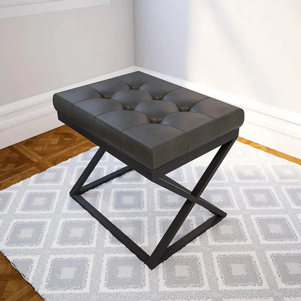 Comfortable Tufted Leatherette Grey Ottoman / Table with Cross Metal Stand