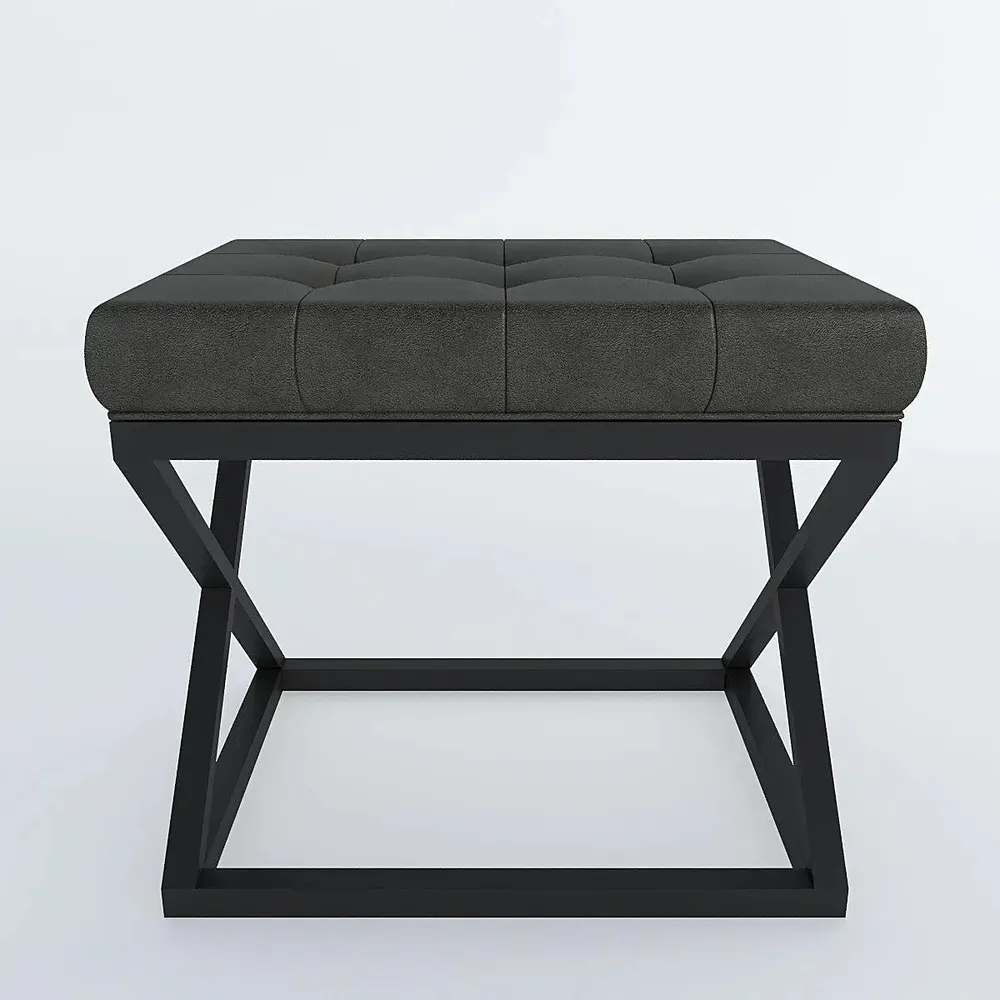 Comfortable Tufted Leatherette Grey Ottoman / Table with Cross Metal Stand