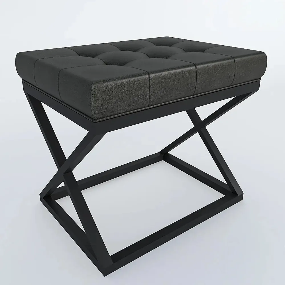 Comfortable Tufted Leatherette Grey Ottoman / Table with Cross Metal Stand
