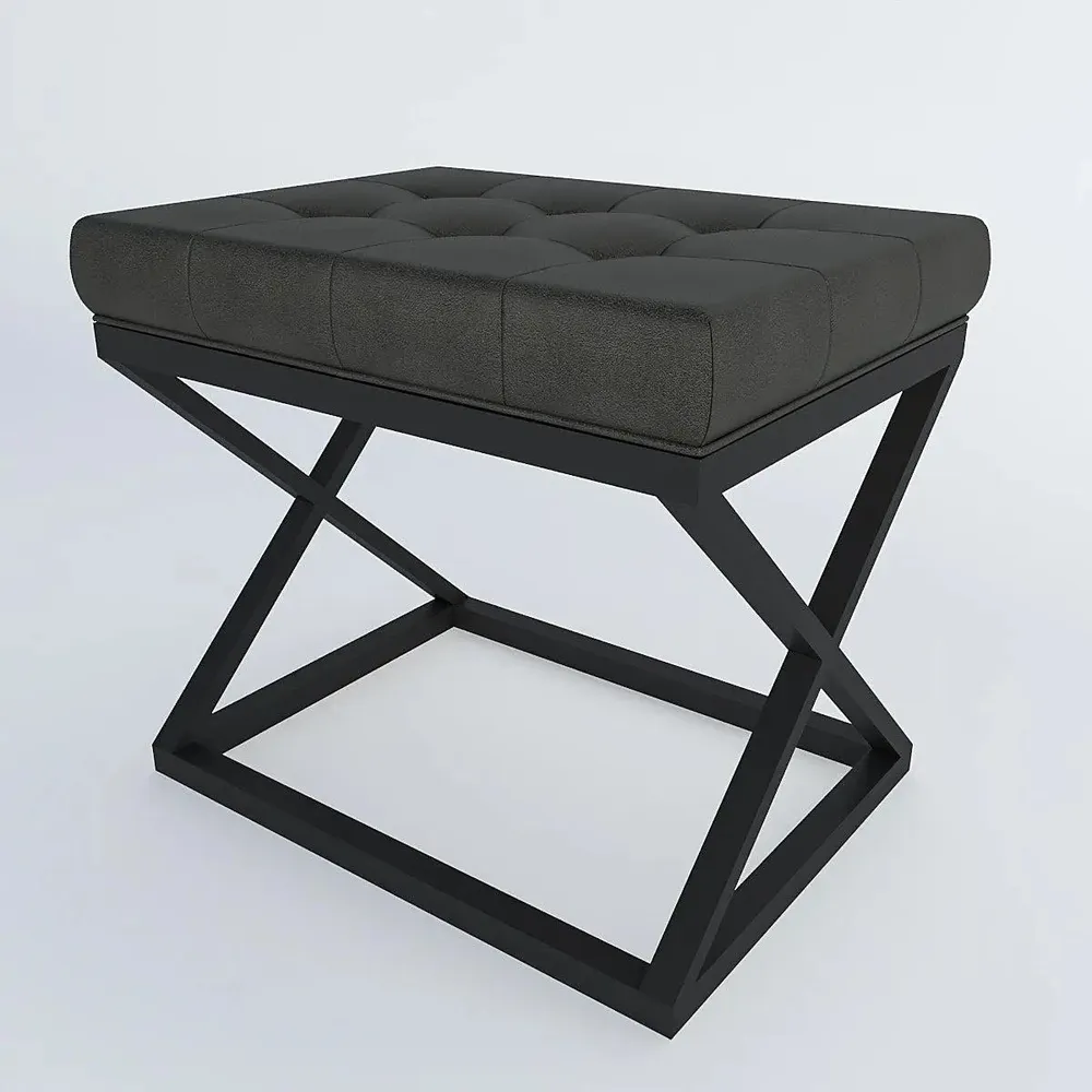 Comfortable Tufted Leatherette Grey Ottoman / Table with Cross Metal Stand