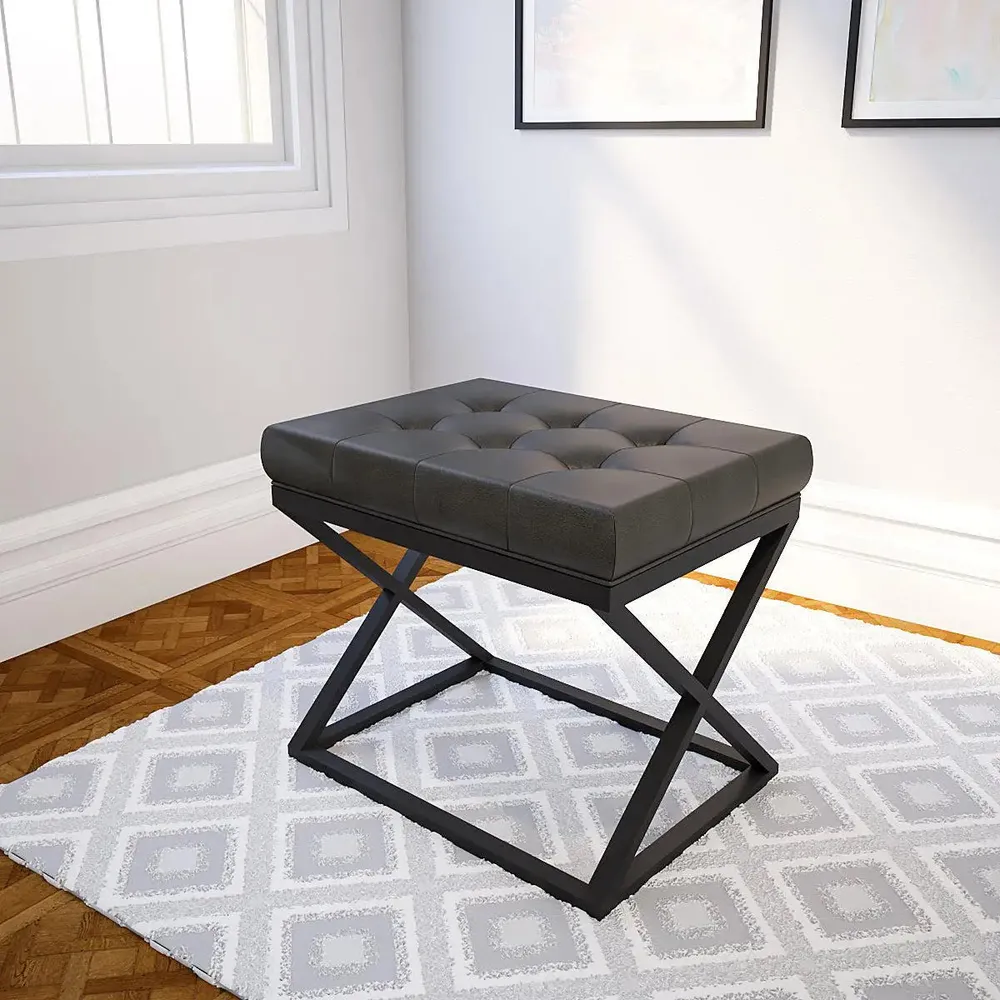 Comfortable Tufted Leatherette Grey Ottoman / Table with Cross Metal Stand