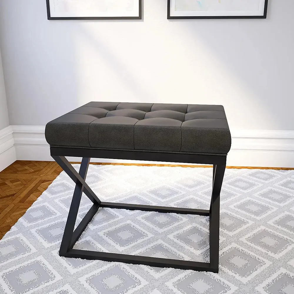 Comfortable Tufted Leatherette Grey Ottoman / Table with Cross Metal Stand