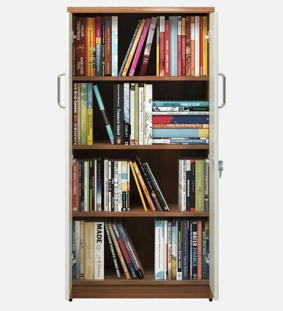 Compact &amp; Premium Ivory &amp; Brown Wooden Bookshelf With 2 Doors