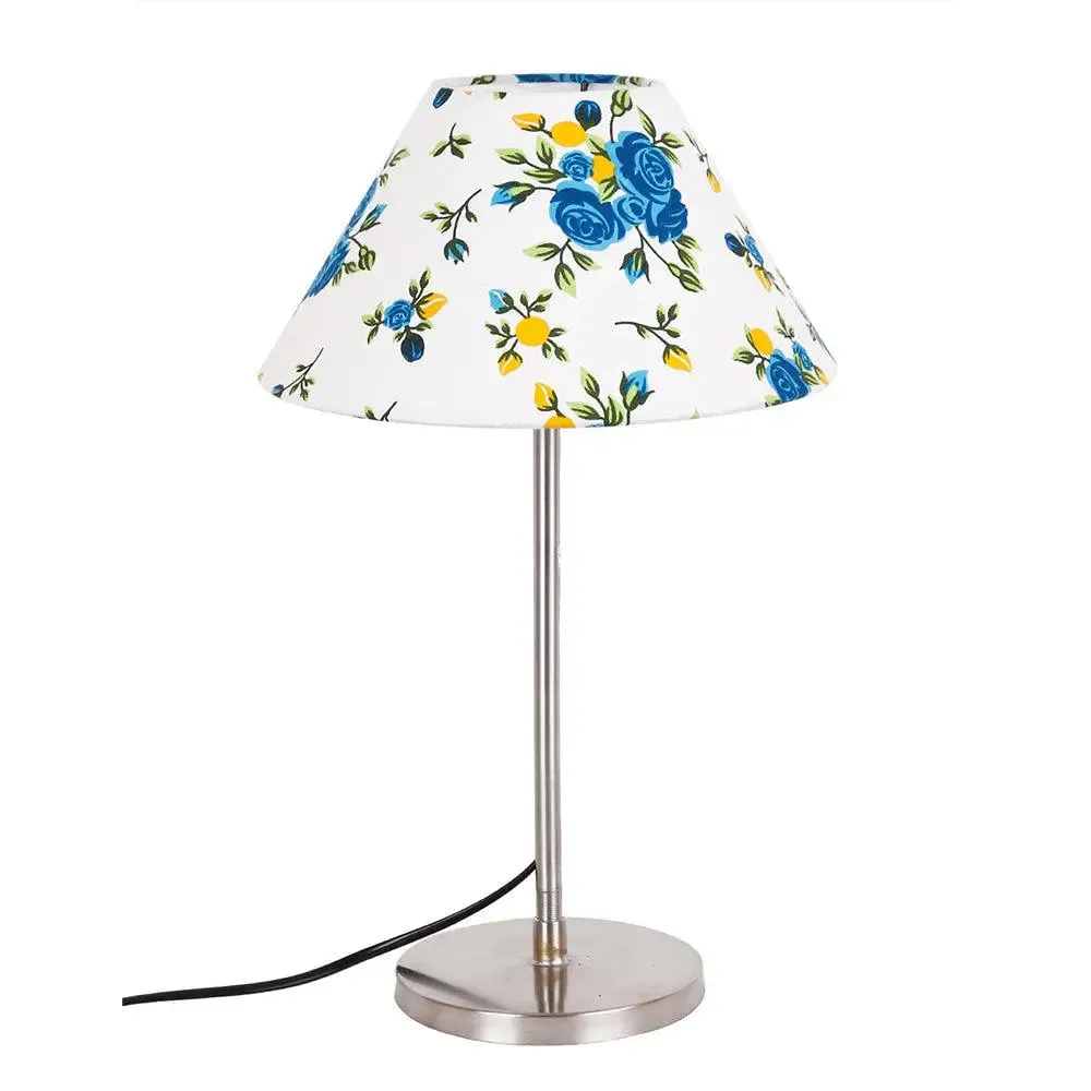 Conical Blue Floral Print Cotton Shade Table Lamp with Steel Base
