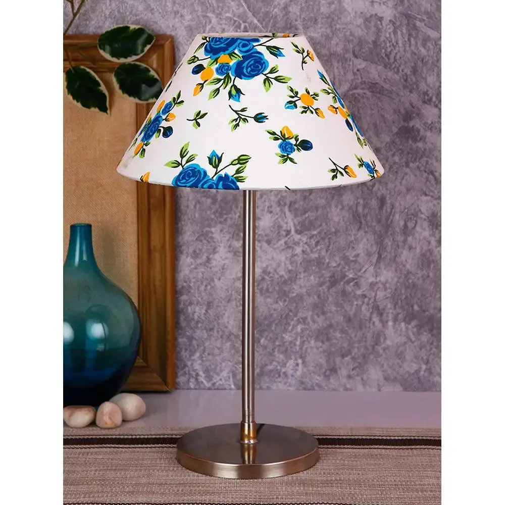 Conical Blue Floral Print Cotton Shade Table Lamp with Steel Base