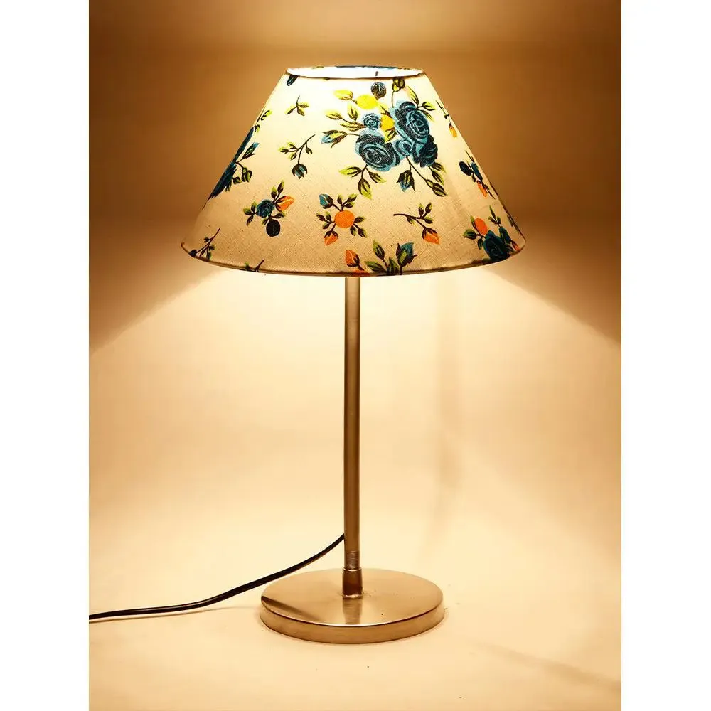 Conical Blue Floral Print Cotton Shade Table Lamp with Steel Base
