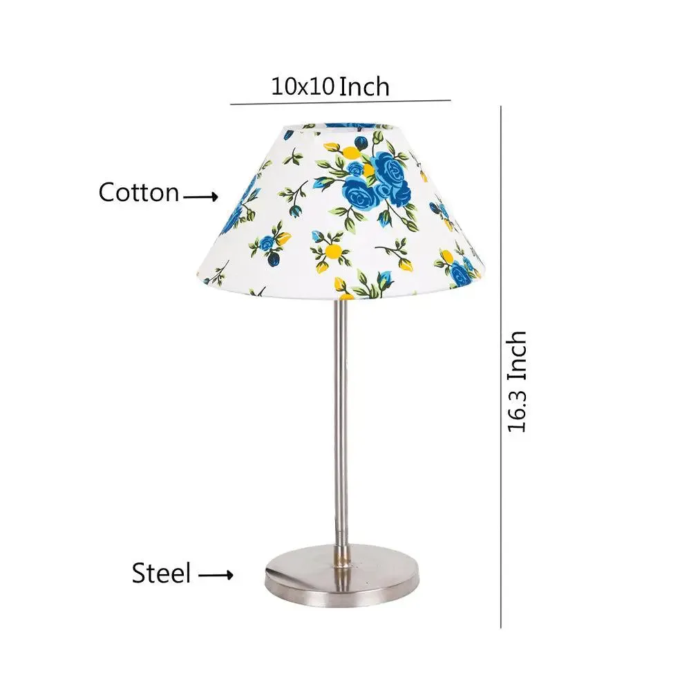 Conical Blue Floral Print Cotton Shade Table Lamp with Steel Base