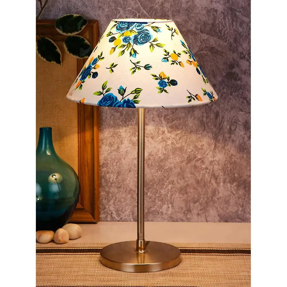 Conical Blue Floral Print Cotton Shade Table Lamp with Steel Base