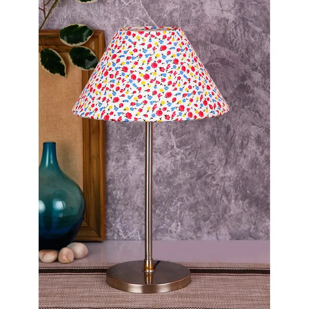 Conical Multicolor Dotted Print Cotton Shade Table Lamp with Steel Base