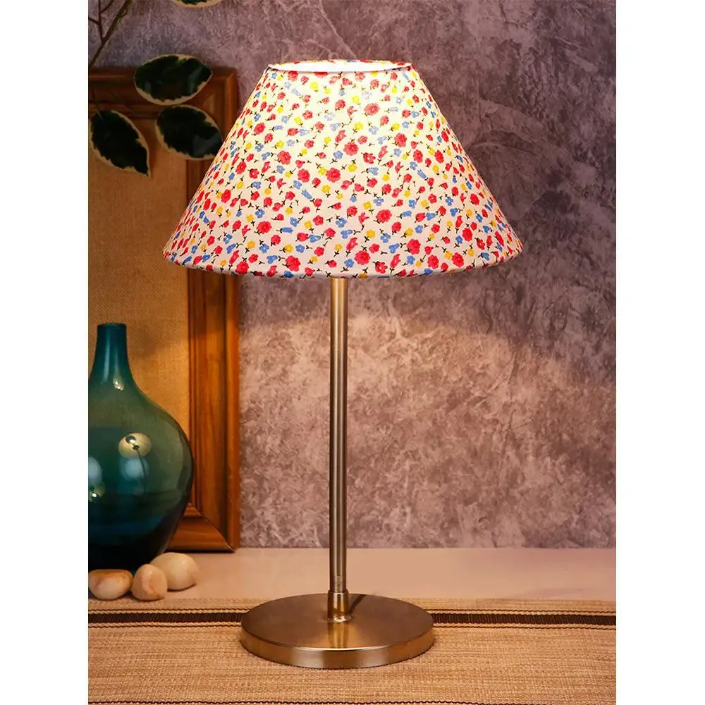 Conical Multicolor Dotted Print Cotton Shade Table Lamp with Steel Base