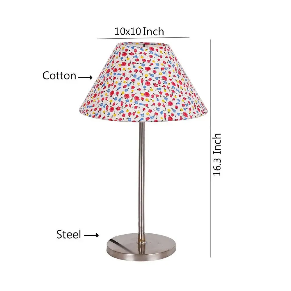 Conical Multicolor Dotted Print Cotton Shade Table Lamp with Steel Base