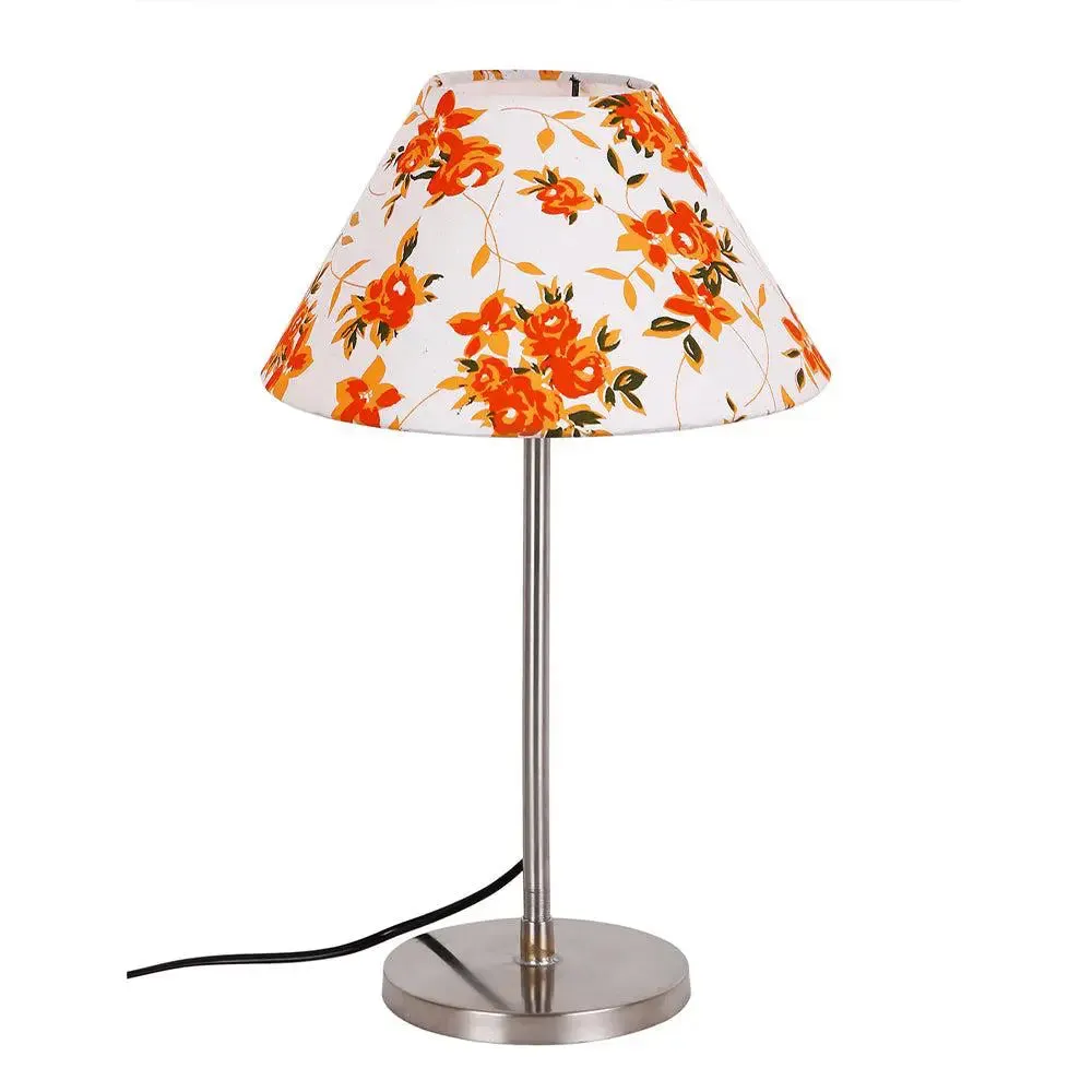 Conical Orange Floral Print Cotton Shade Table Lamp with Steel Base