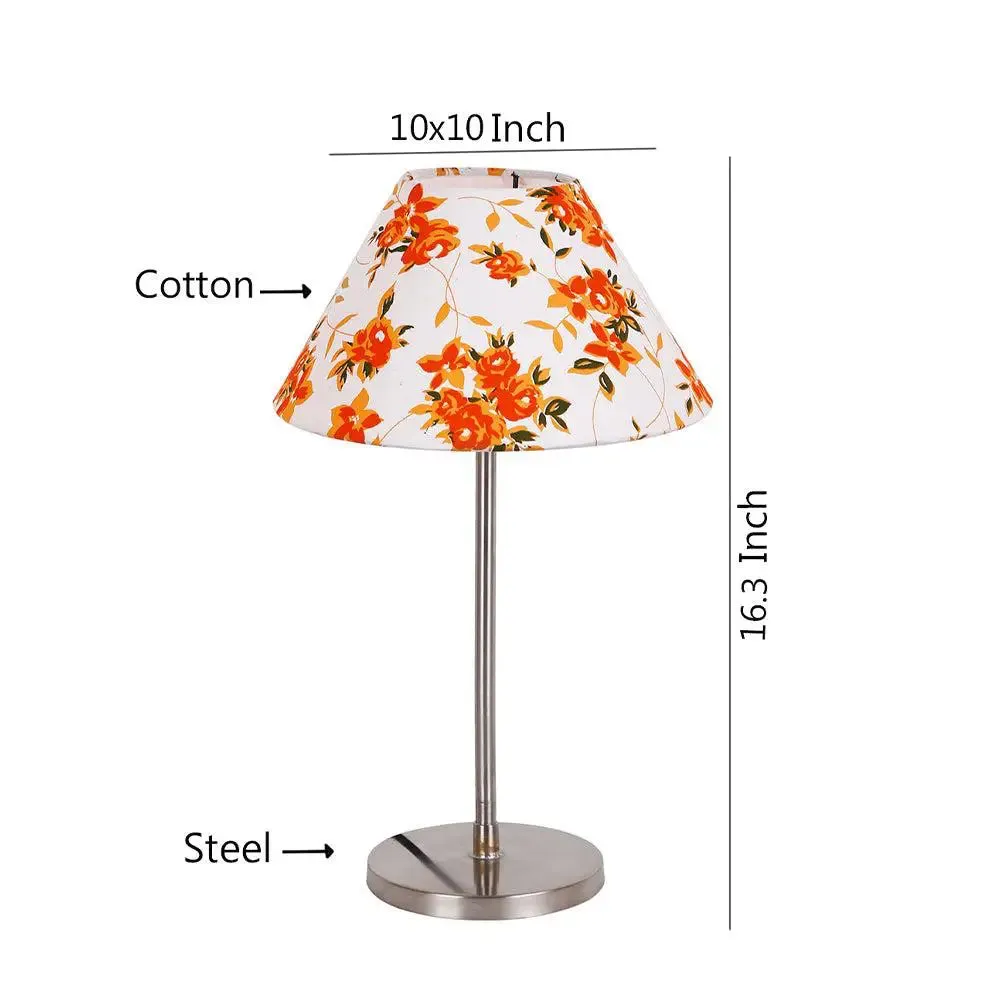 Conical Orange Floral Print Cotton Shade Table Lamp with Steel Base