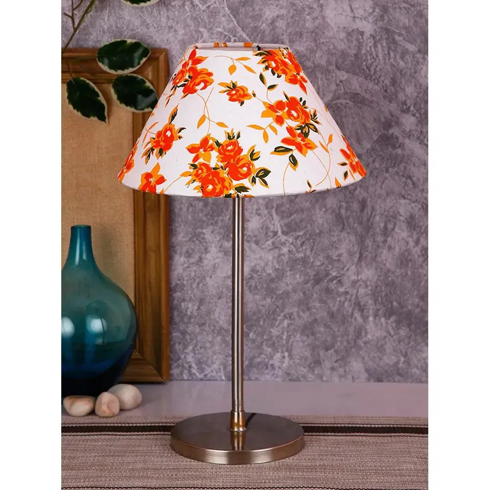 Conical Orange Floral Print Cotton Shade Table Lamp with Steel Base