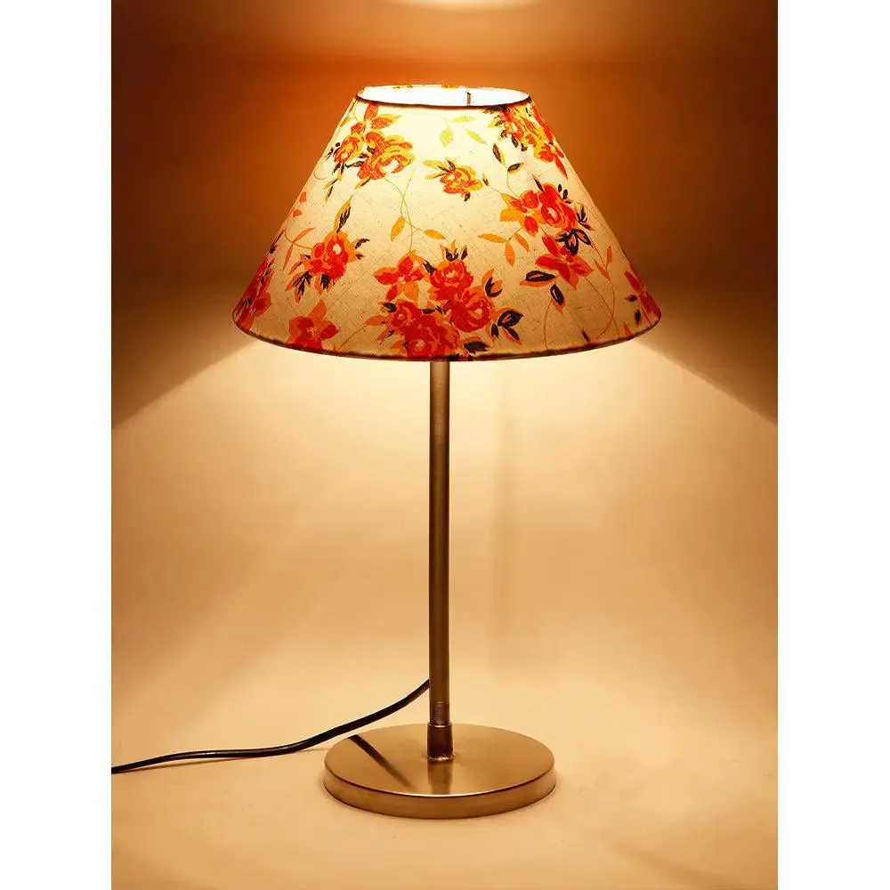 Conical Orange Floral Print Cotton Shade Table Lamp with Steel Base