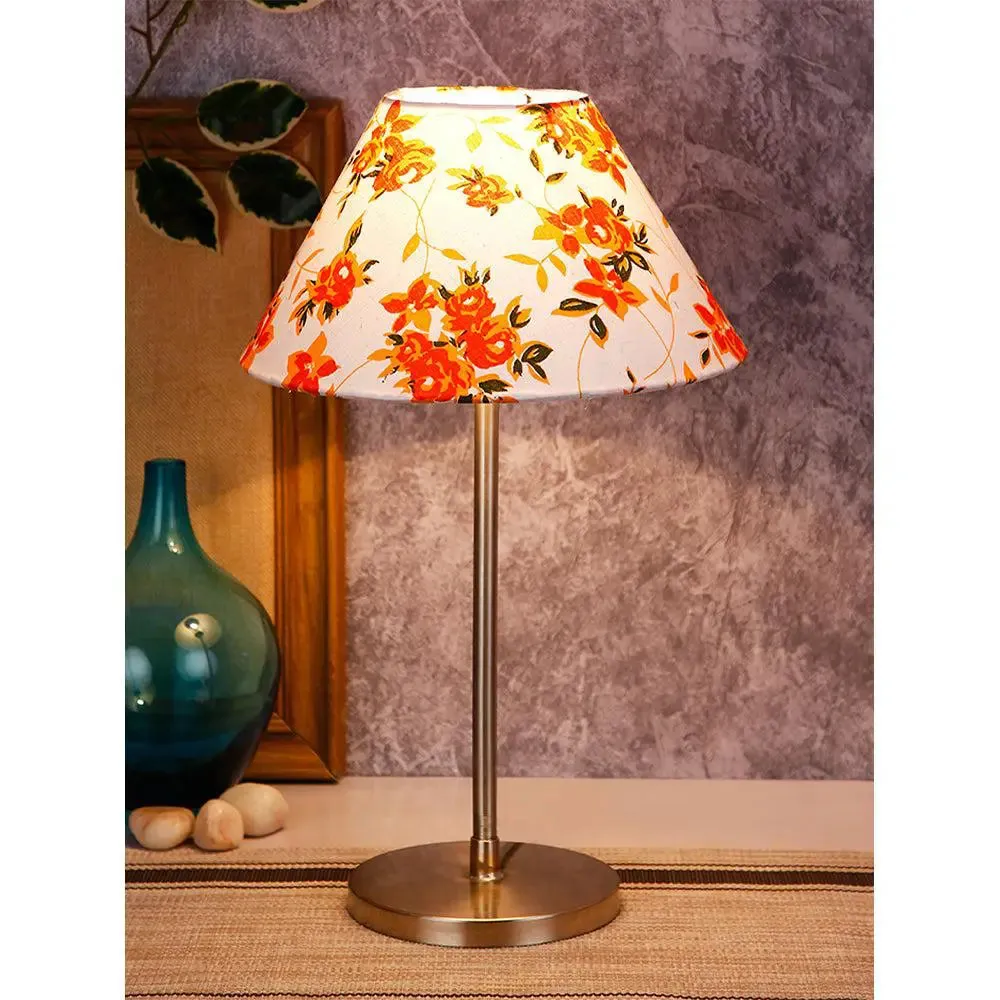 Conical Orange Floral Print Cotton Shade Table Lamp with Steel Base