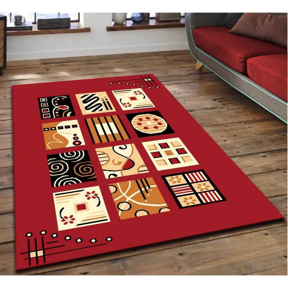 Contemporary Abstract Blocks Designer Red Polyester Area Carpet 3X5ft