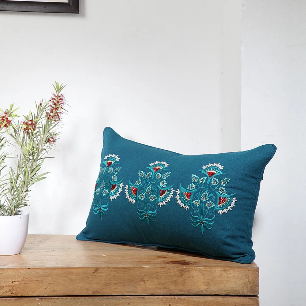 Contemporary Damask Floral Peacock Blue Embroidered 100% Cotton Cushion Cover Pack of 1