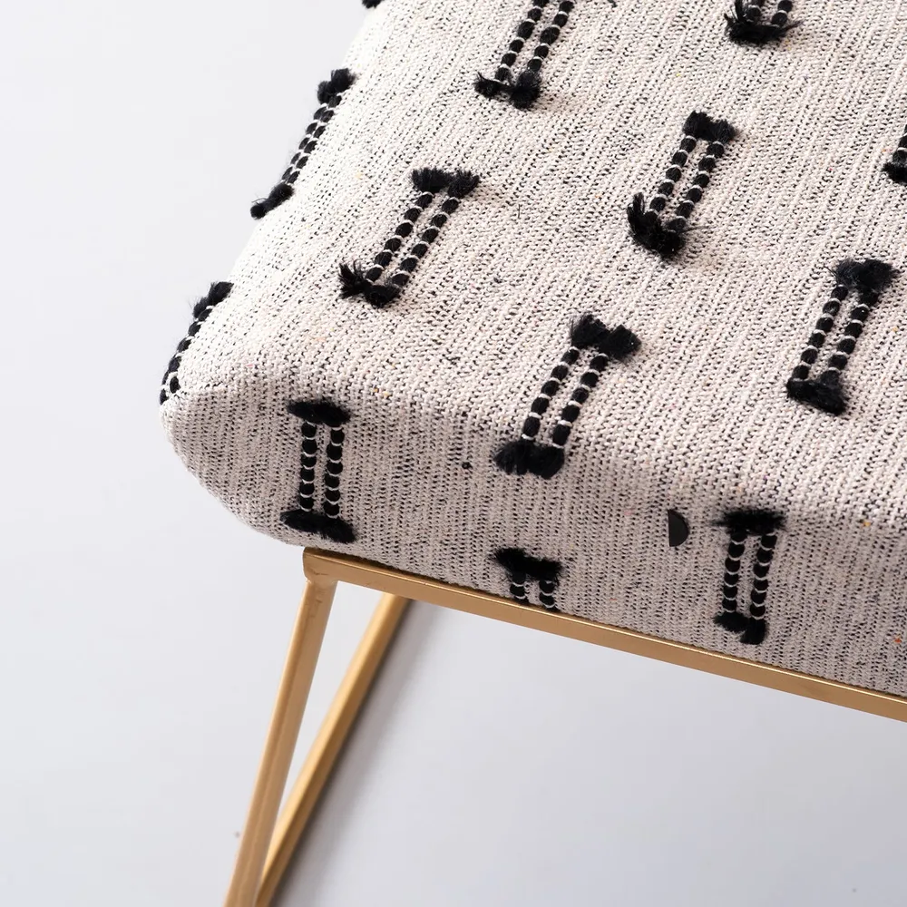 Contemporary Grey and Black Woven Cotton Upholstered Metal Ottoman Stool