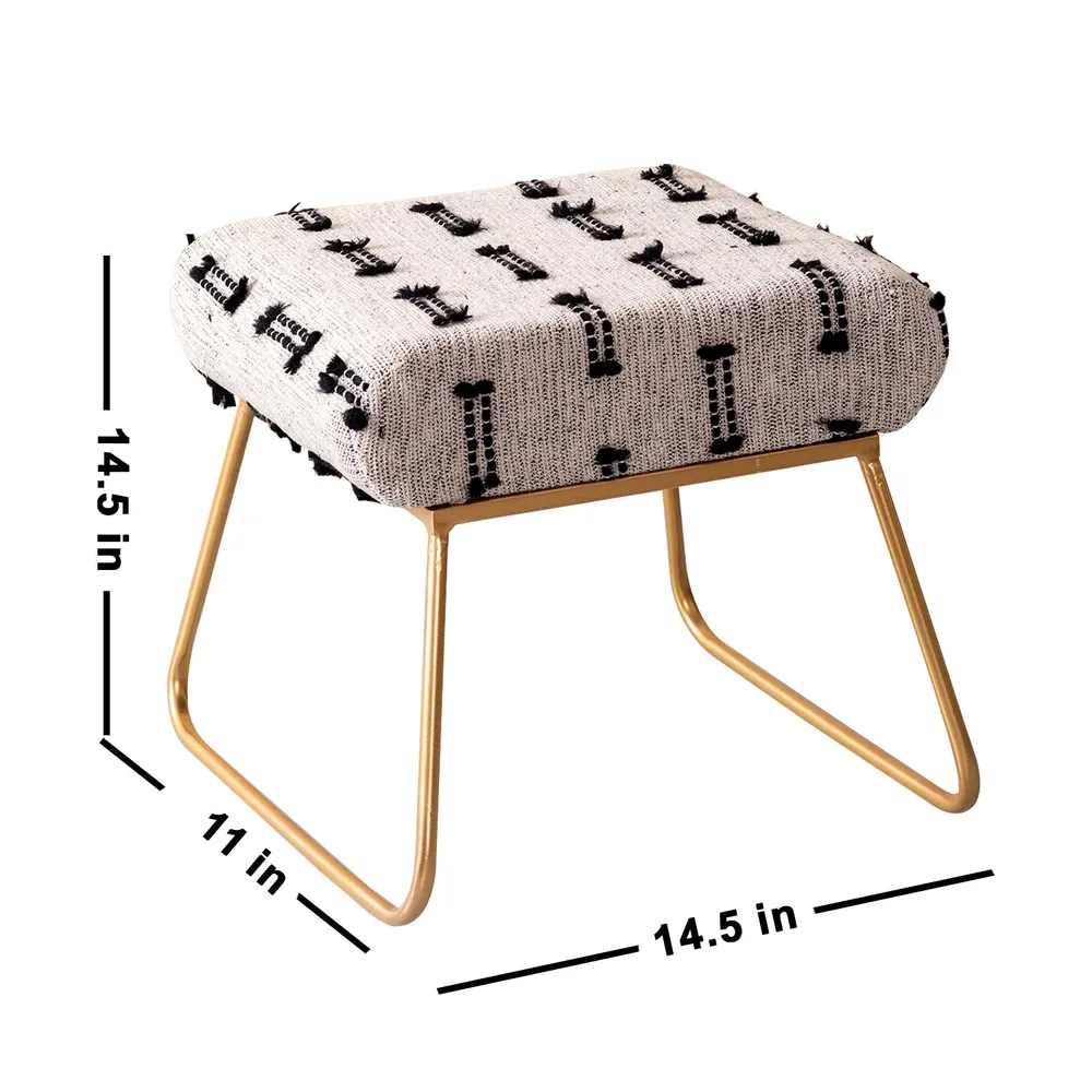 Contemporary Grey and Black Woven Cotton Upholstered Metal Ottoman Stool