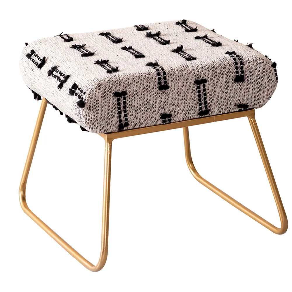Contemporary Grey and Black Woven Cotton Upholstered Metal Ottoman Stool