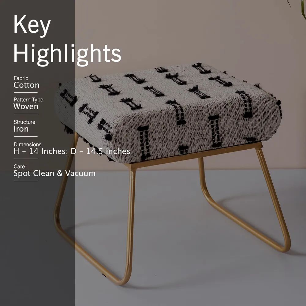 Contemporary Grey and Black Woven Cotton Upholstered Metal Ottoman Stool