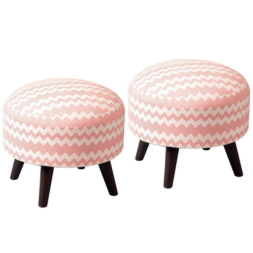 Contemporary Print Pink & White Woven Jacquard Cotton Ottoman Wood Stool Set Of 2