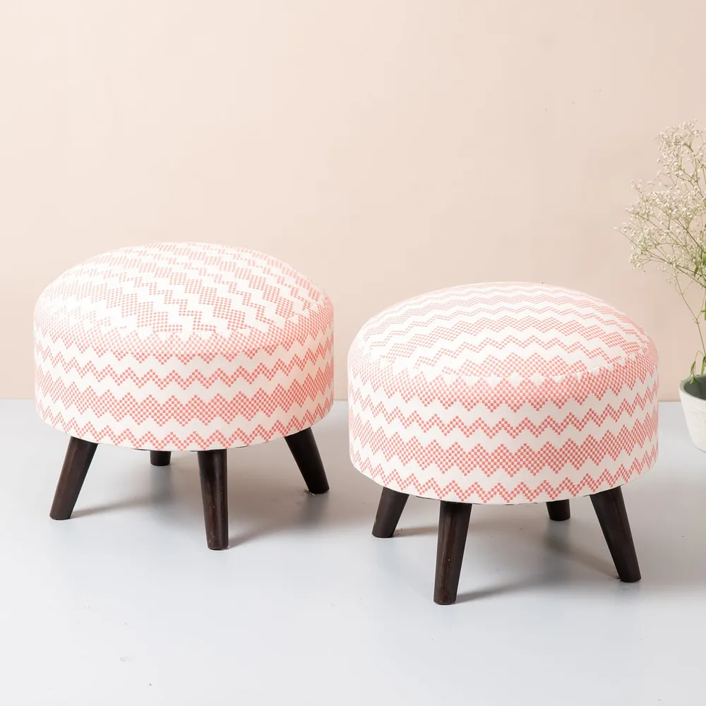 Contemporary Print Pink & White Woven Jacquard Cotton Ottoman Wood Stool Set Of 2