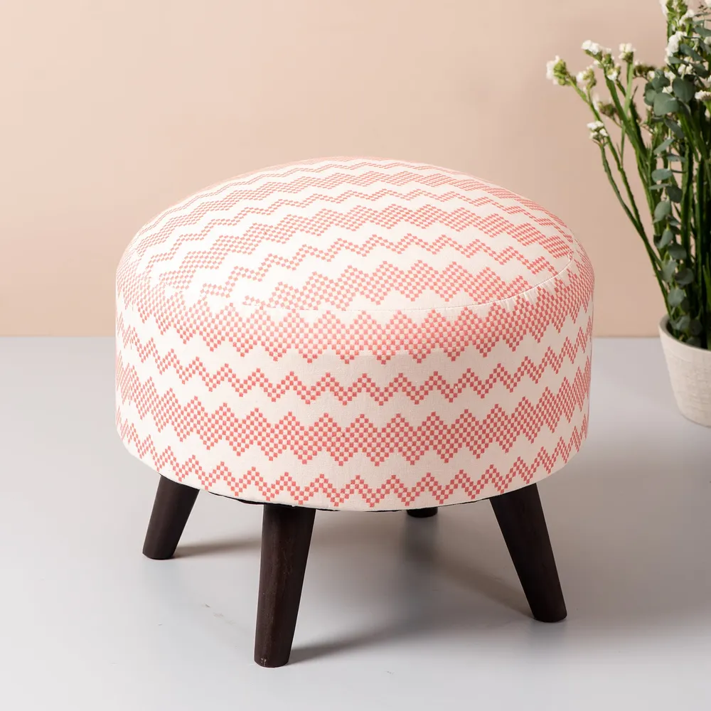 Contemporary Print Pink & White Woven Jacquard Cotton Upholstered Ottoman Wood Stool