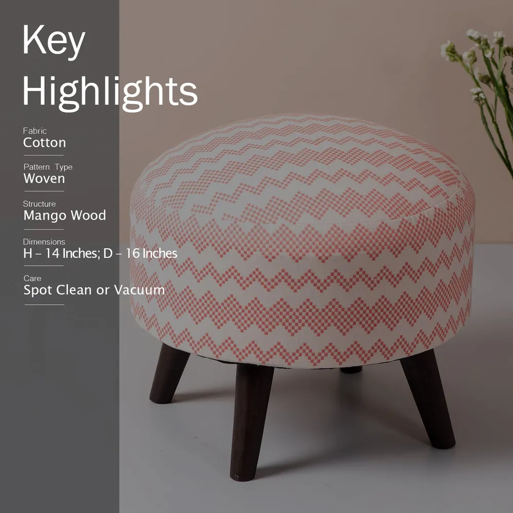 Contemporary Print Pink & White Woven Jacquard Cotton Upholstered Ottoman Wood Stool