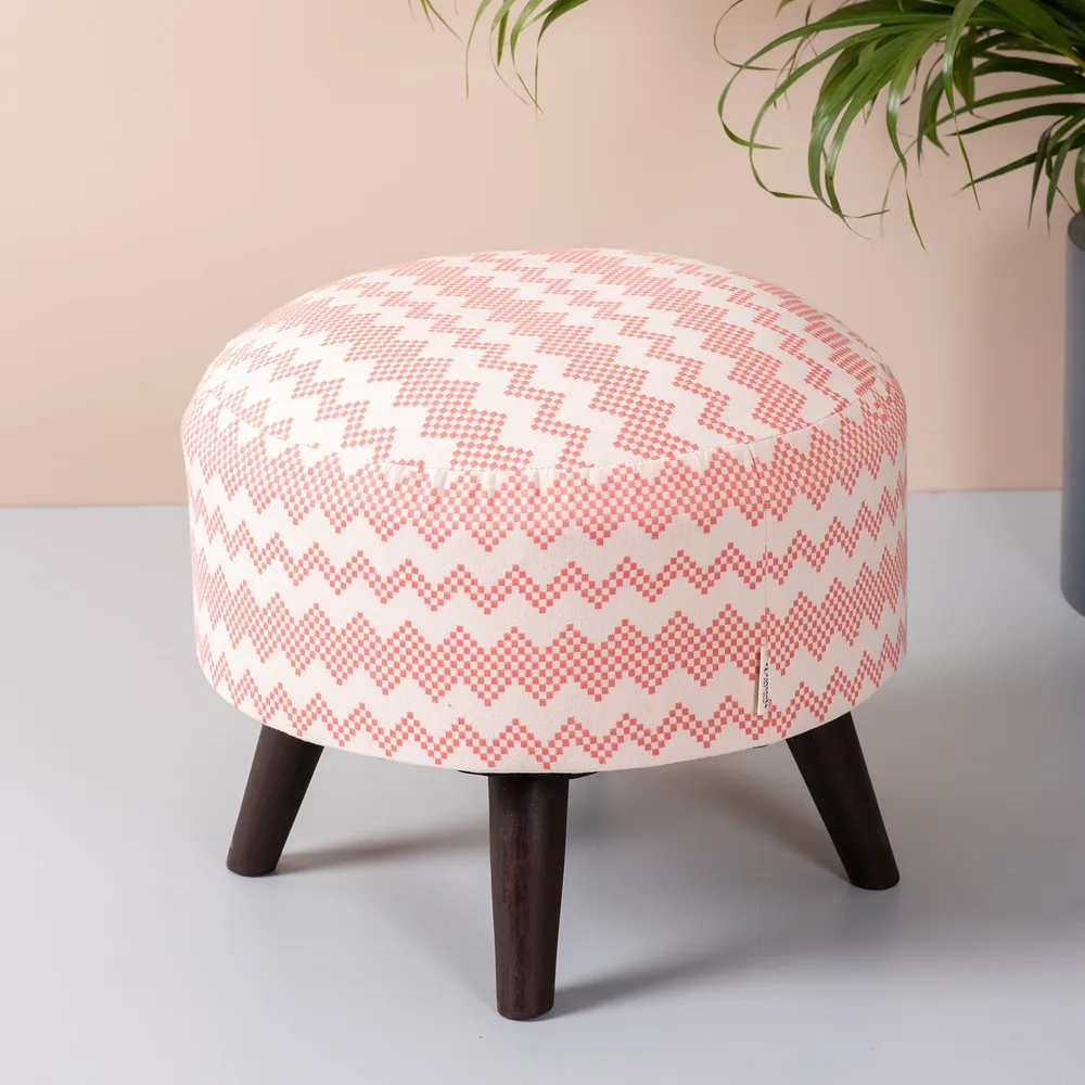 Contemporary Print Pink & White Woven Jacquard Cotton Upholstered Ottoman Wood Stool