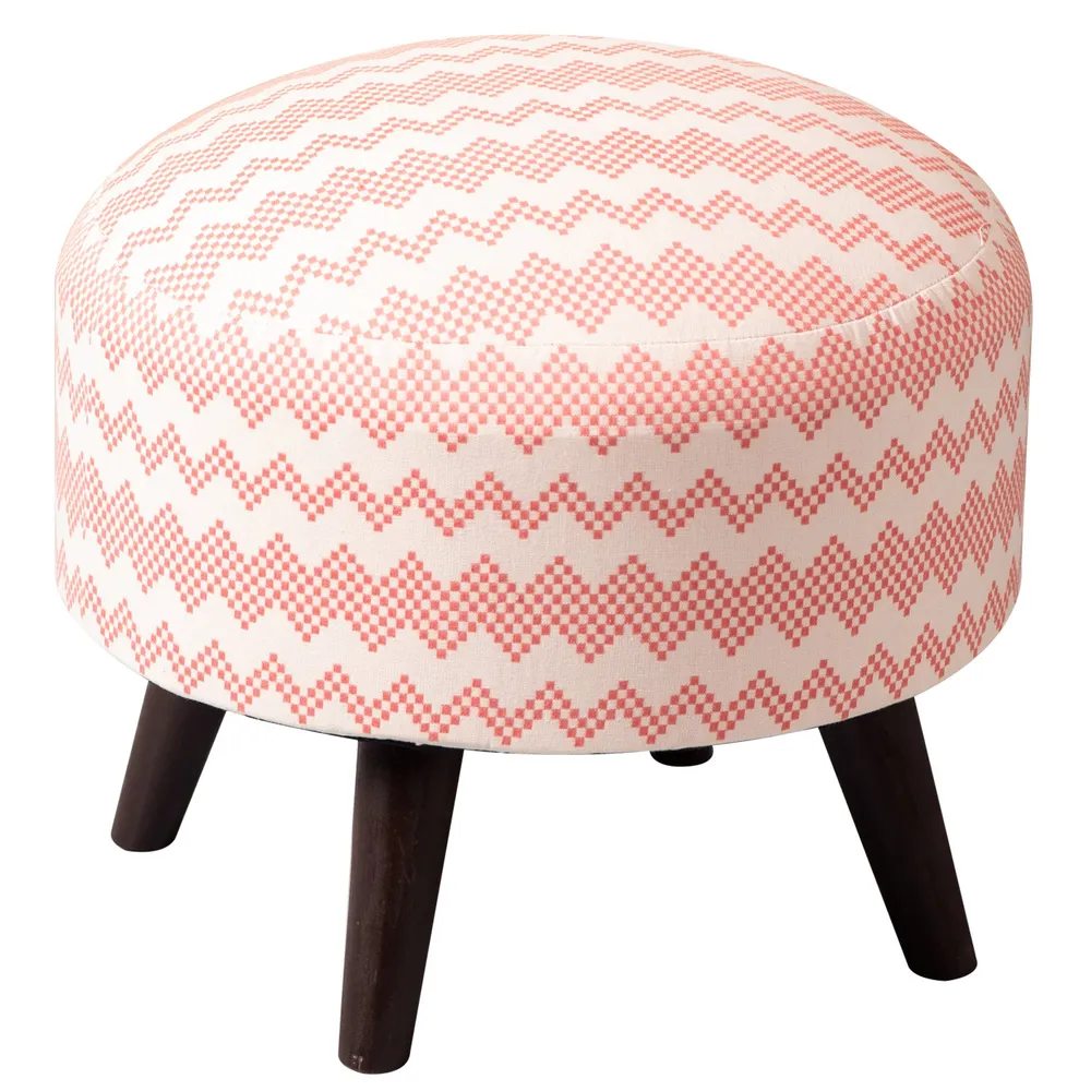 Contemporary Print Pink & White Woven Jacquard Cotton Upholstered Ottoman Wood Stool