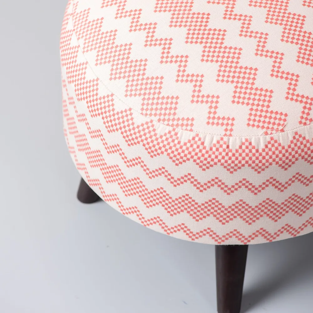 Contemporary Print Pink & White Woven Jacquard Cotton Upholstered Ottoman Wood Stool