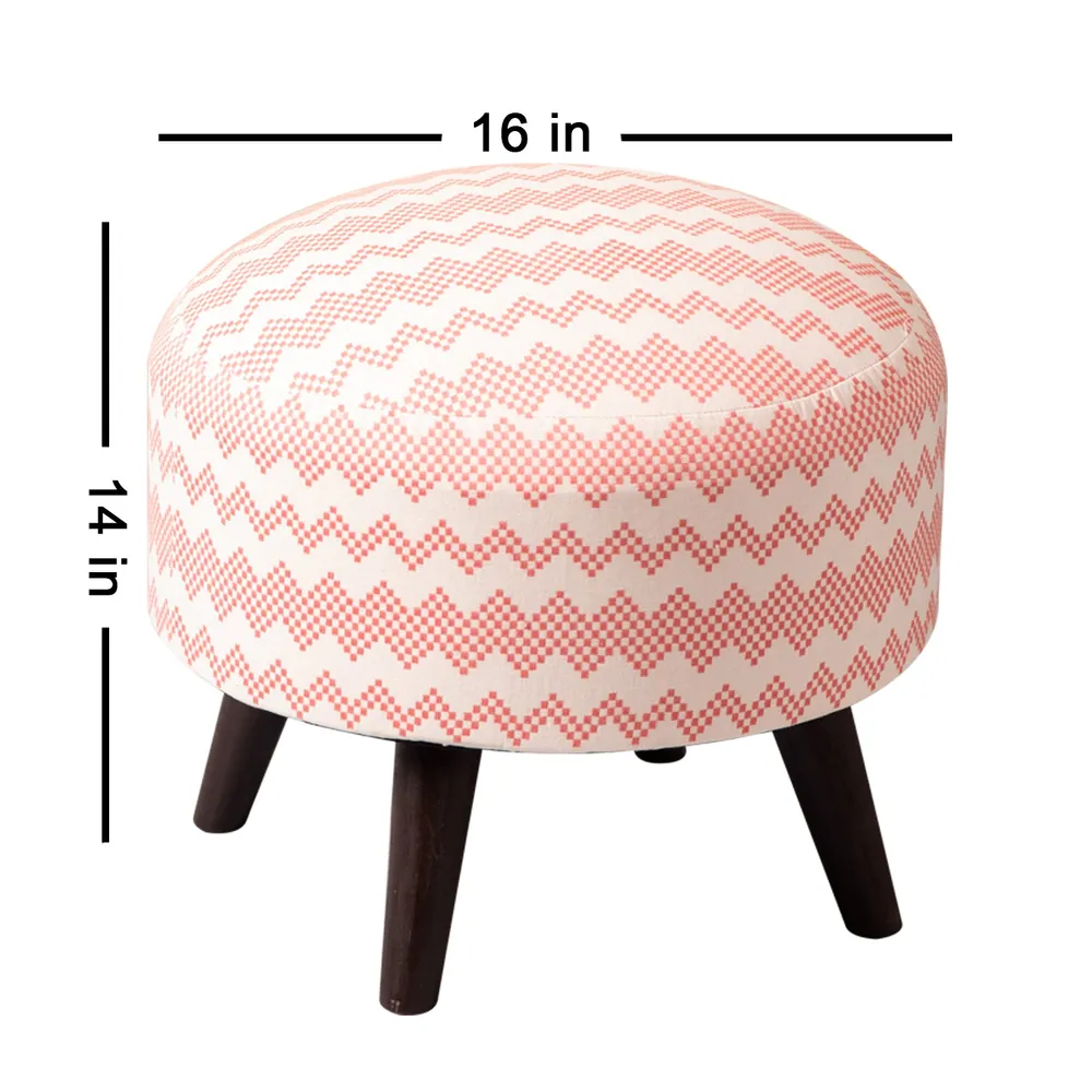 Contemporary Print Pink & White Woven Jacquard Cotton Upholstered Ottoman Wood Stool