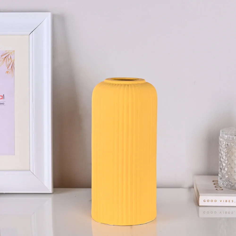 Contemporary Ribbed Textured Premium Ceramic Flower Vase (Available in Multiple colors) Yellow