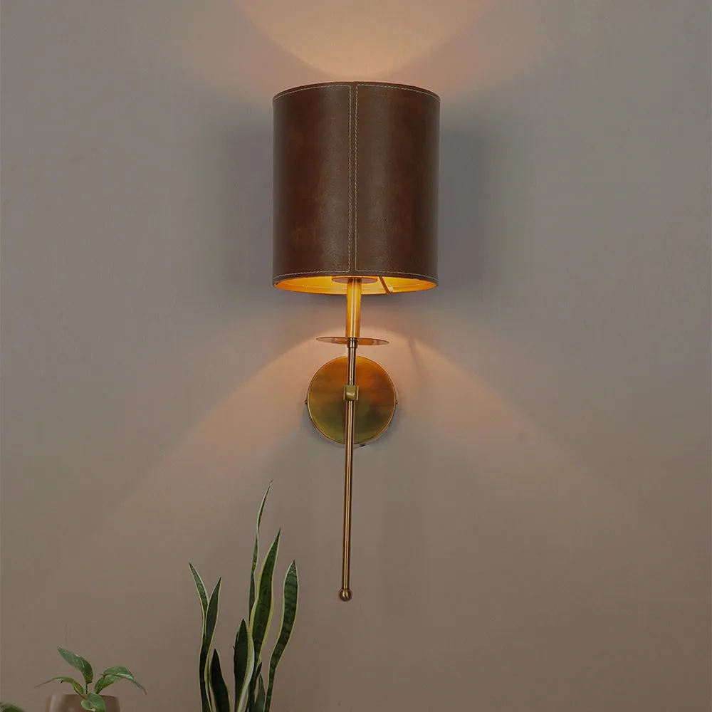 Contemporary Supple Brown Hand stitched Leather Single Light Wall Sconce