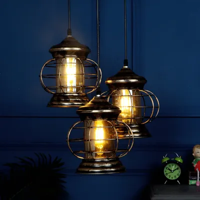 Copper Brushed Antique Lantern Motif Cluster Hanging Lights