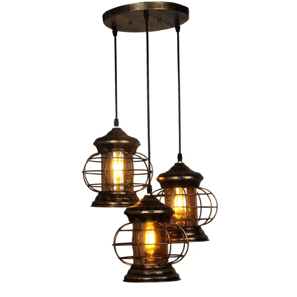 Copper Brushed Antique Lantern Motif Cluster Hanging Lights