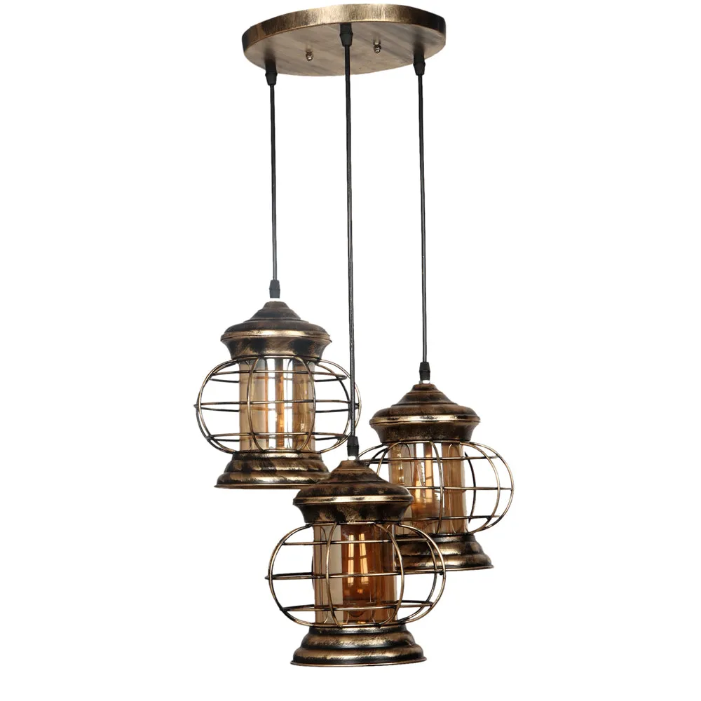 Copper Brushed Antique Lantern Motif Cluster Hanging Lights
