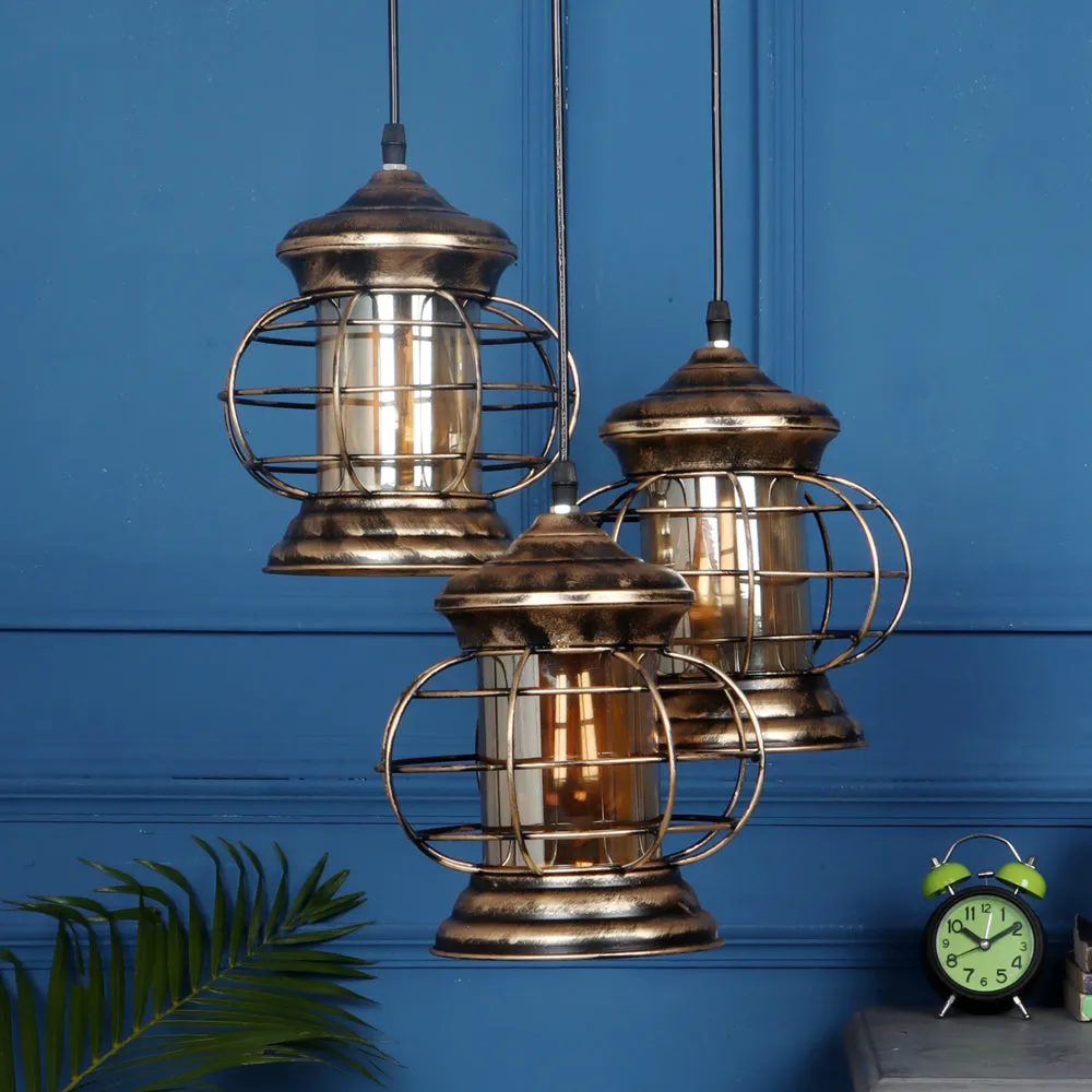 Copper Brushed Antique Lantern Motif Cluster Hanging Lights