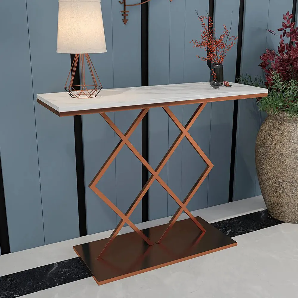 Copper Console Table In Geometric Criss Cross Pattern