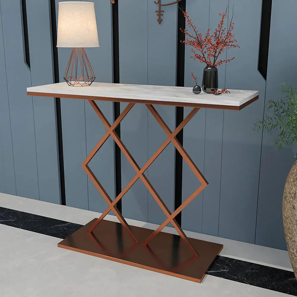 Copper Console Table In Geometric Criss Cross Pattern